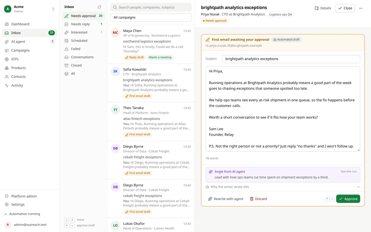 The Dojobat inbox: a first email to Priya Novak, CTO at Brightpath Analytics, waits for approval, with the AI agent's angle for her and Approve, Rewrite and Discard buttons.